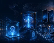 A collage of server racks, a secured AI agent, foldable phones, a laboratory and a power grid.