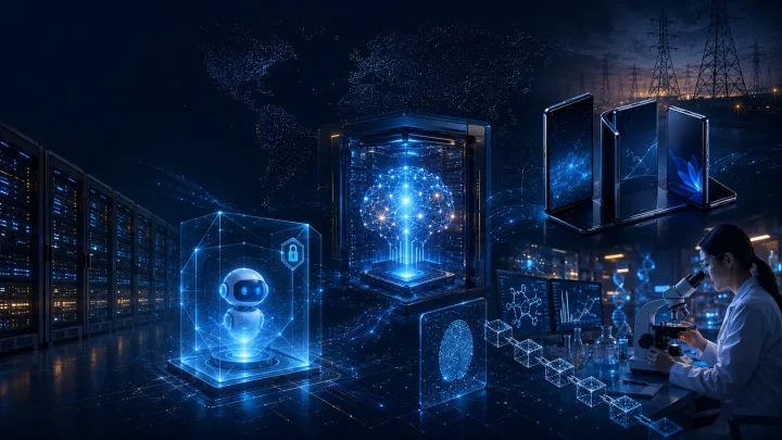 A collage of server racks, a secured AI agent, foldable phones, a laboratory and a power grid.