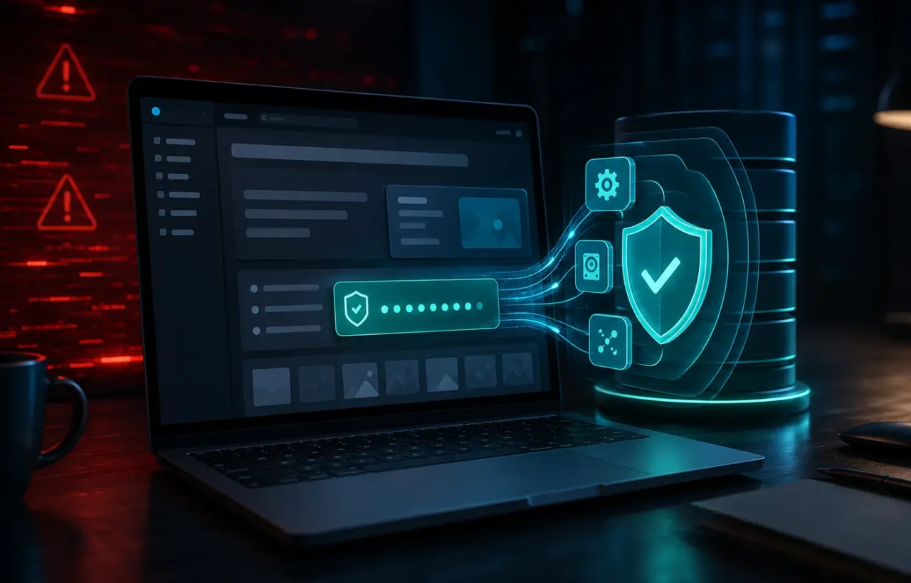 A website dashboard with a security shield, Core update and database.