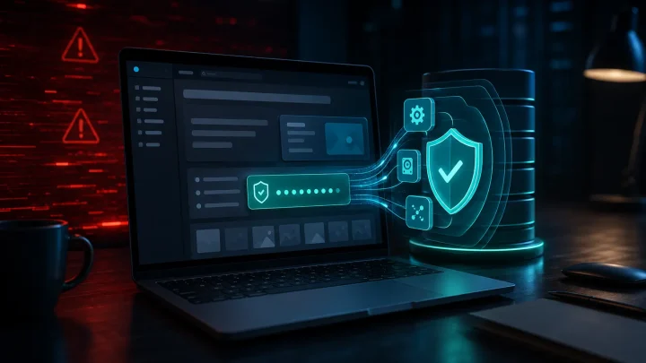 A website dashboard with a security shield, Core update and database.
