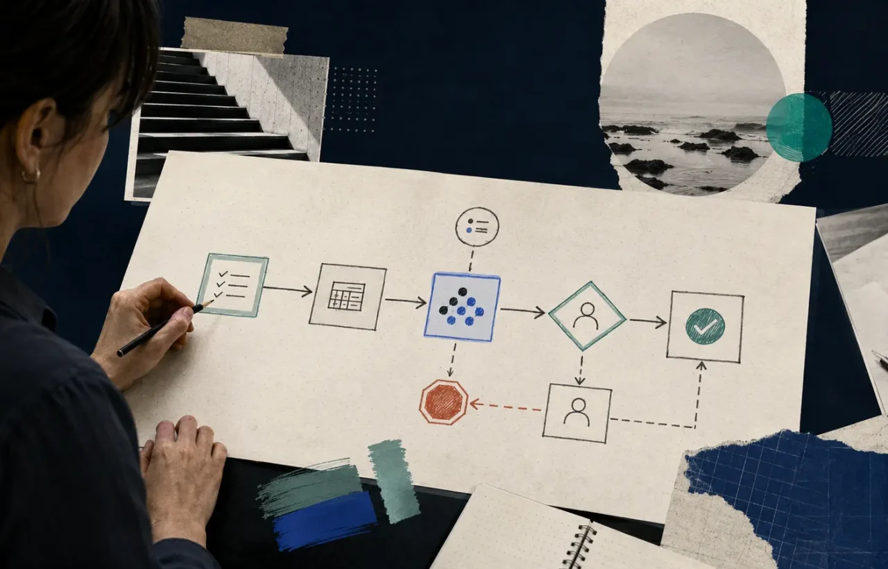A sequence of work steps is automated, with human approval before data changes or outbound actions.