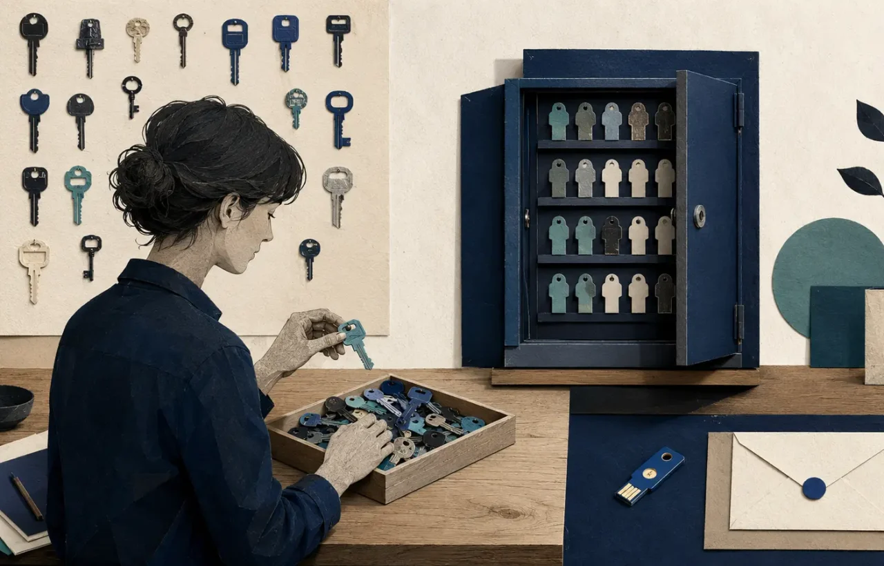 A person organizes many different keys in a secure cabinet, with a hardware key and recovery envelope kept separately.