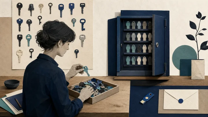 A person organizes many different keys in a secure cabinet, with a hardware key and recovery envelope kept separately.
