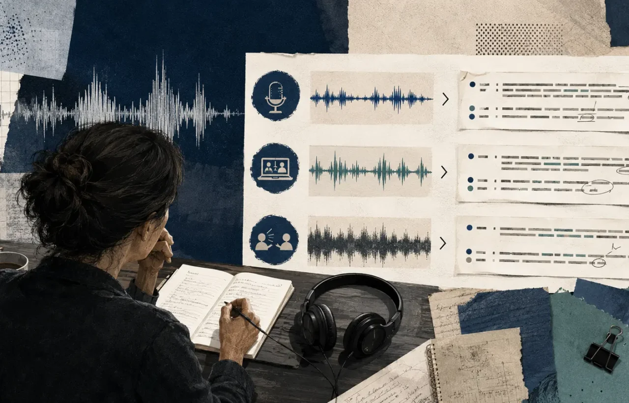 A meeting audio waveform becomes reviewed text with speaker labels, decisions, and controlled access.