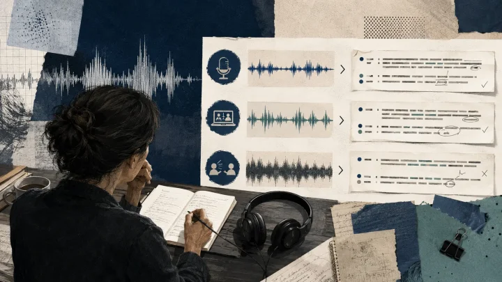 A meeting audio waveform becomes reviewed text with speaker labels, decisions, and controlled access.