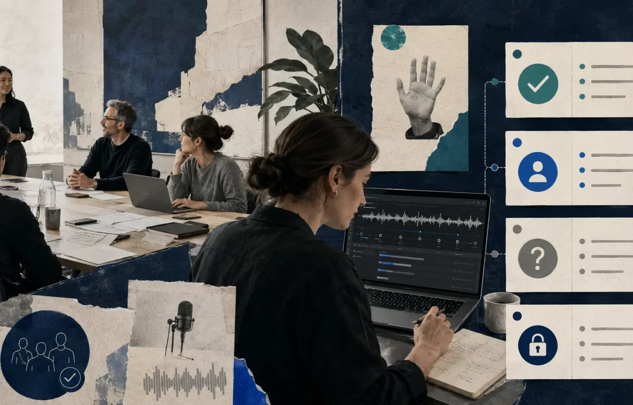 A team reviews an automatic meeting summary with separate decisions, owners, deadlines, and unresolved questions.