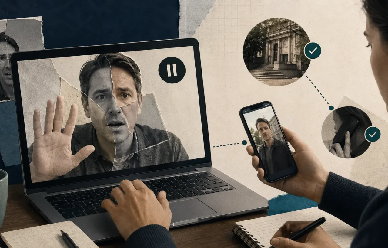 A person pauses a suspicious video call with a layered face and verifies the caller through a separate trusted phone.