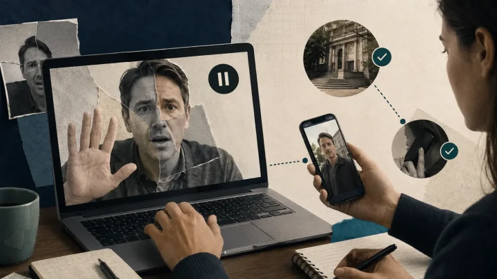A person pauses a suspicious video call with a layered face and verifies the caller through a separate trusted phone.