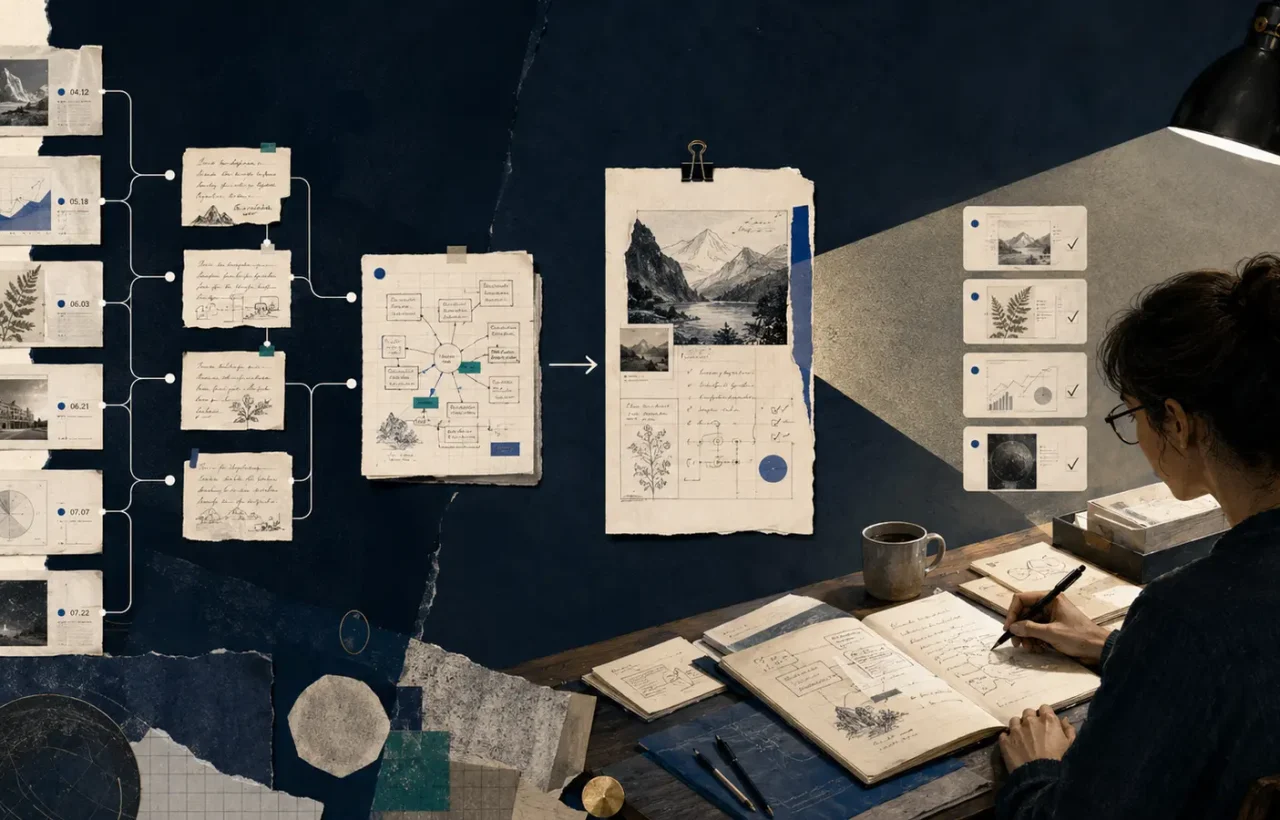 A person organizes notes, sources, and documents into a connected knowledge base with controlled AI retrieval.