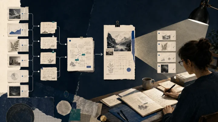 A person organizes notes, sources, and documents into a connected knowledge base with controlled AI retrieval.