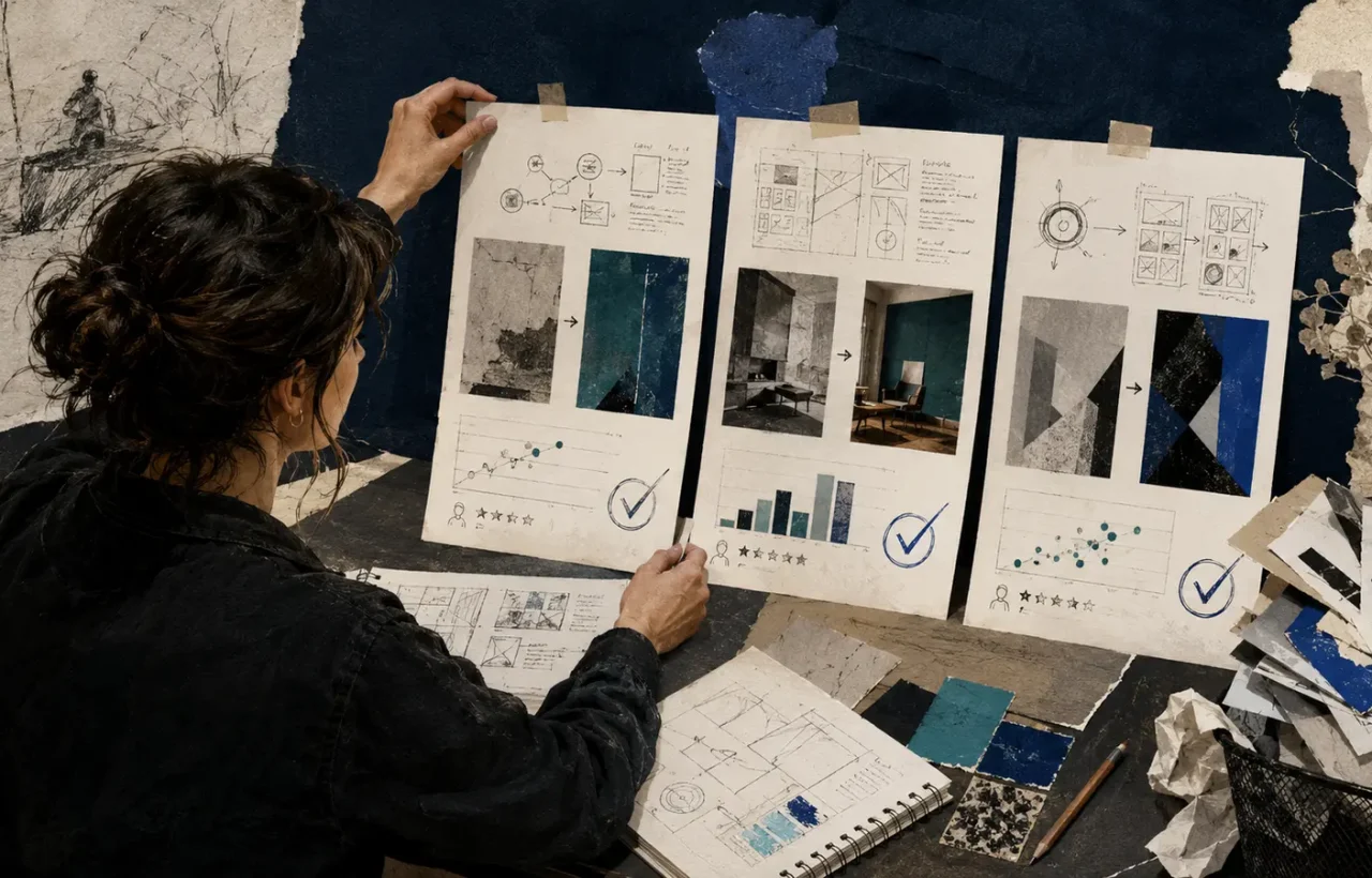A freelancer assembles a portfolio from real work stages, personal decisions, results, and a transparent AI-assistance note.
