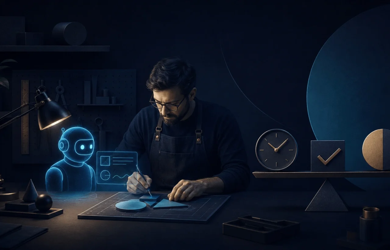 A professional works beside a digital AI assistant, with symbols for time and verified quality nearby.