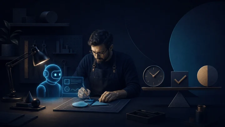 Фахівець працює за столом разом із цифровим AI-помічником, поруч розташовані символи часу та якості.