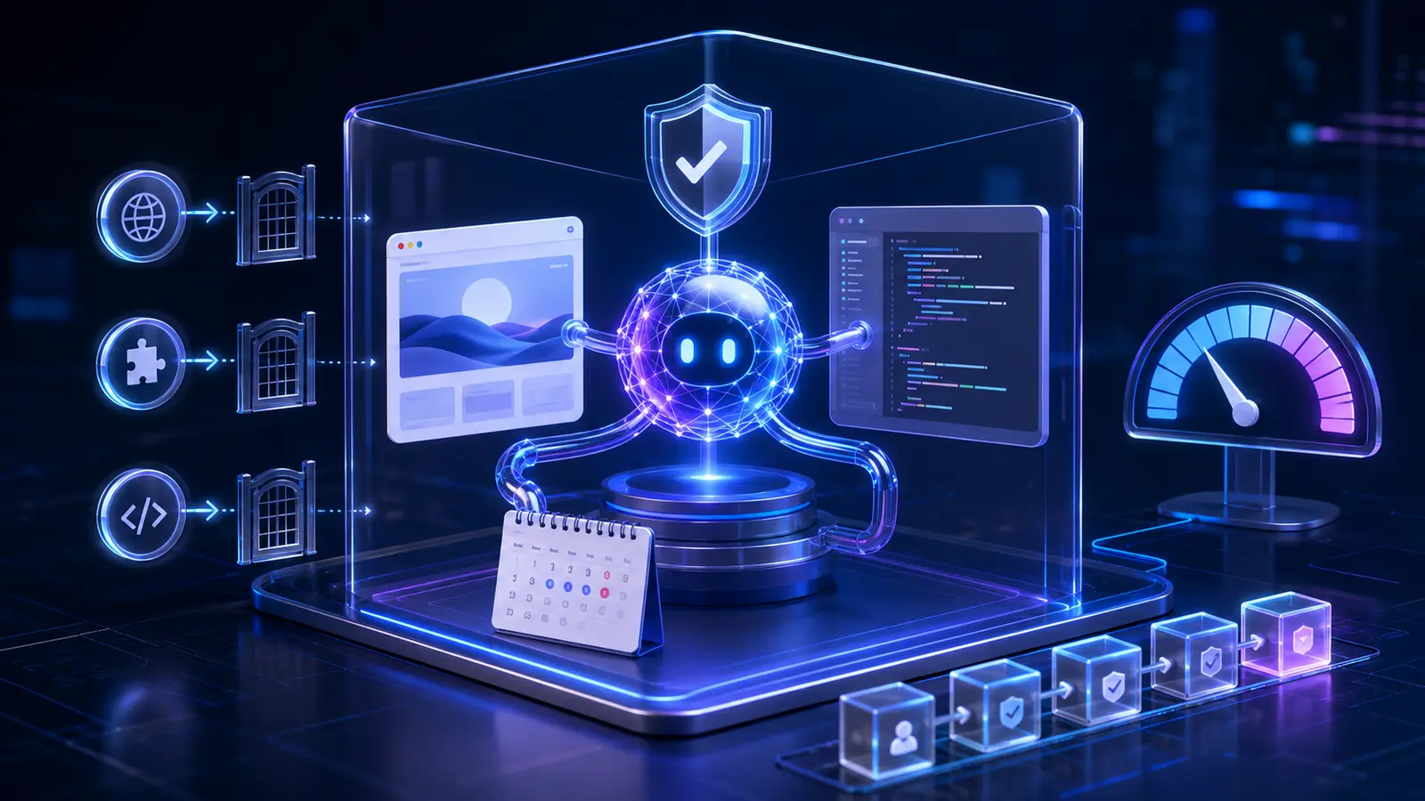 An AI agent works with a browser and repository inside a guarded panel for permissions, budgets and human confirmation.