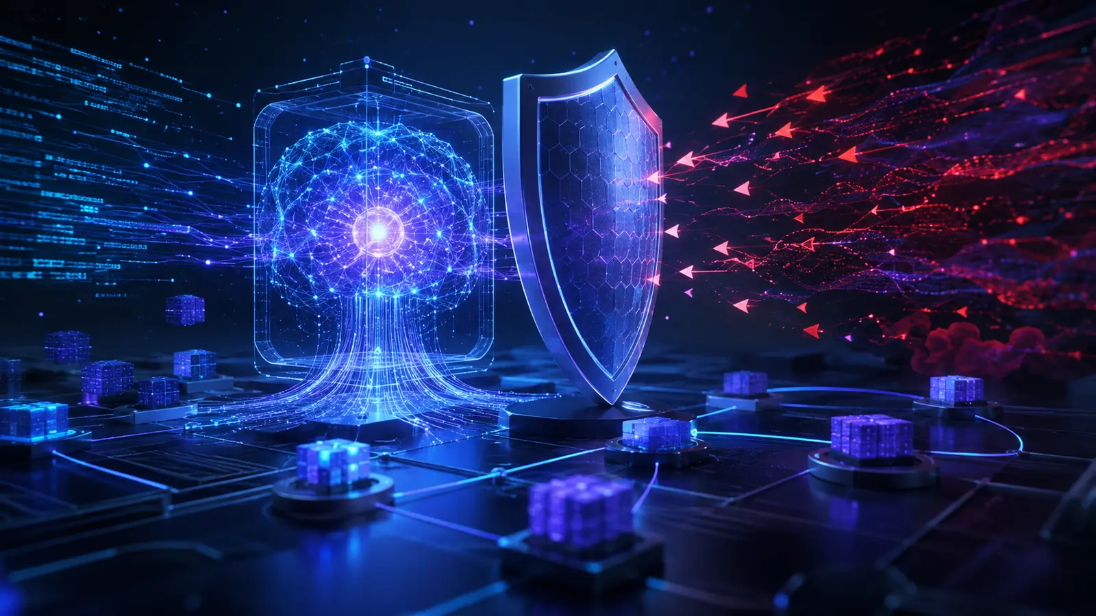 An abstract AI system beside secured servers, a patch shield and DDoS network monitoring