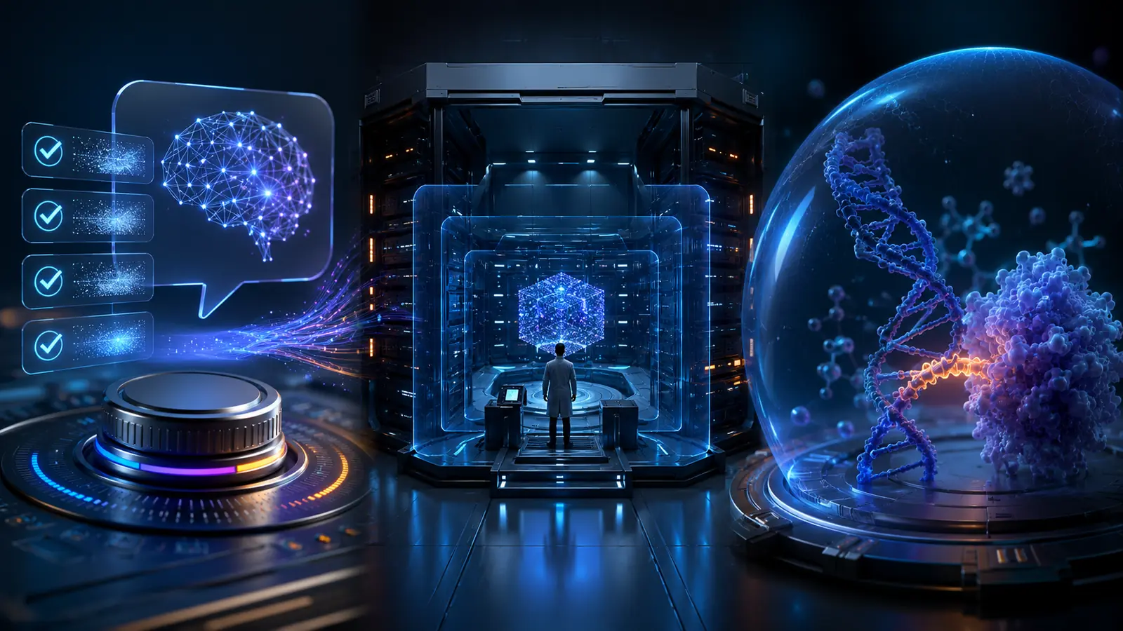 An abstract AI core beside an effort dial, a specialist silhouette in an isolated cyber laboratory and a molecular model under a protective dome.