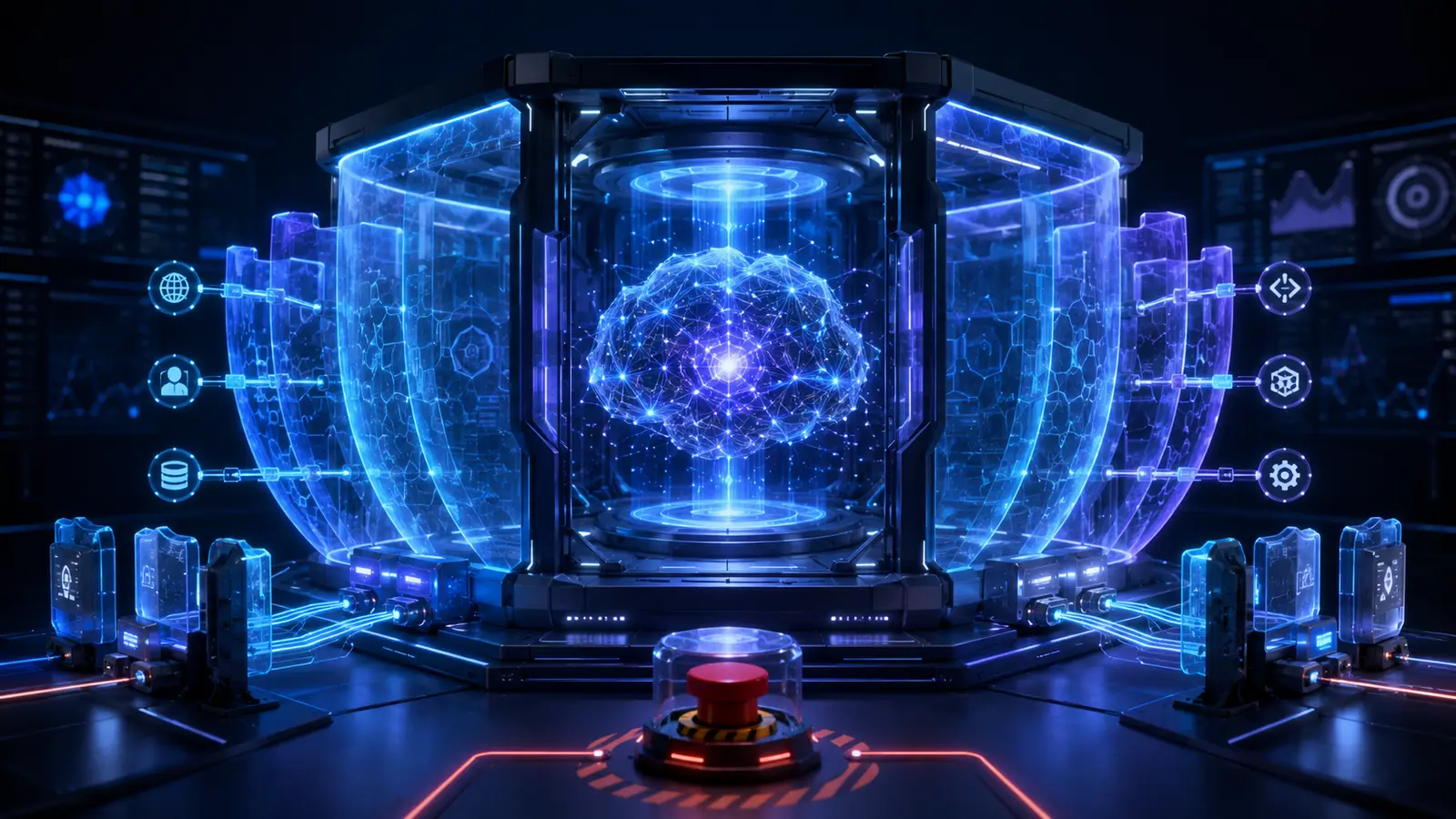 Protected AI system with an emergency stop button and cybersecurity controls