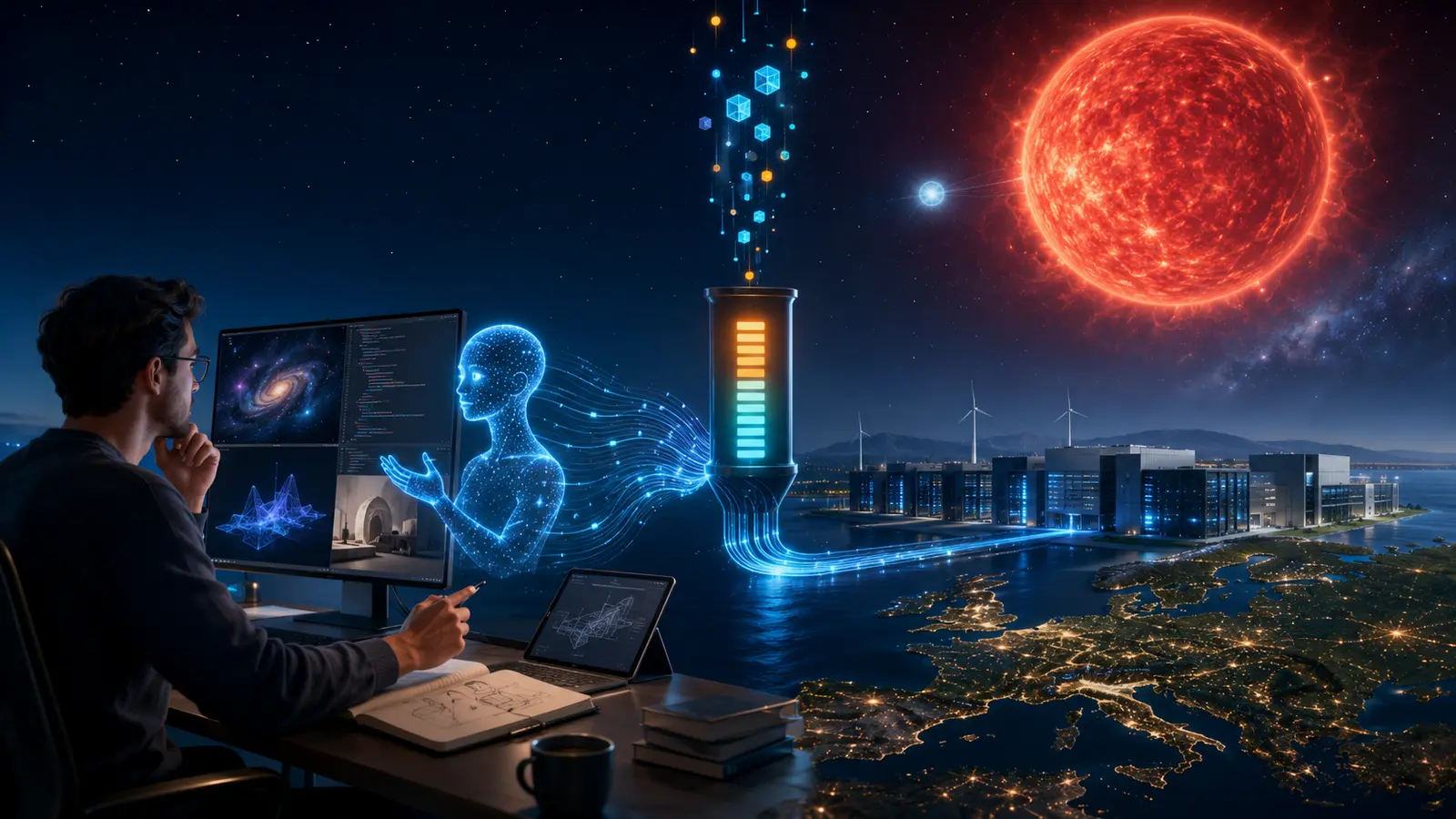 Work tasks and token prices lead into a European data center while a telescope observes Betelgeuse and its likely companion.