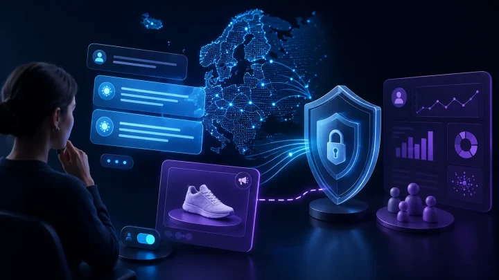 Person viewing an ad card beside a map of Europe and a privacy shield