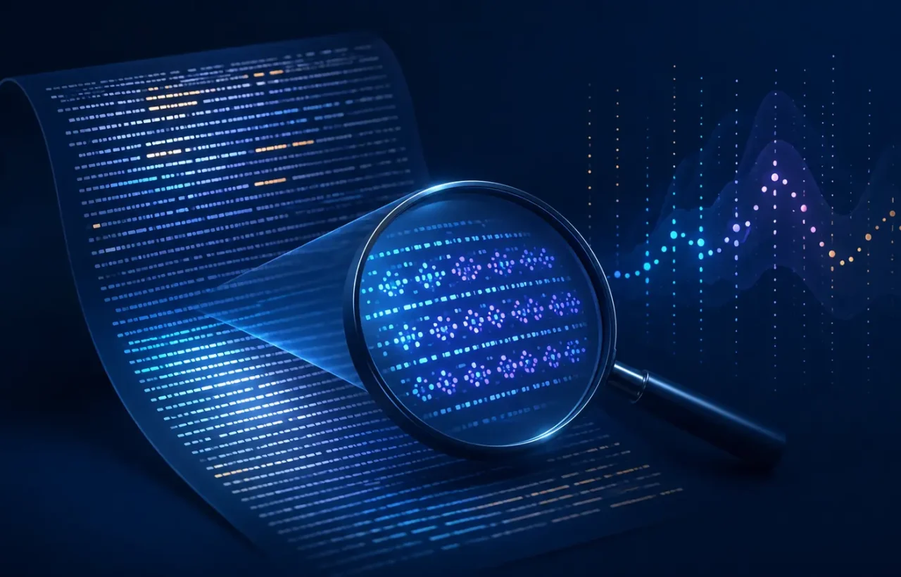 An abstract text stream under an analytical lens beside a probability graph for watermark detection