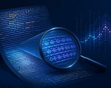 An abstract text stream under an analytical lens beside a probability graph for watermark detection