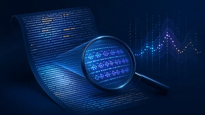An abstract text stream under an analytical lens beside a probability graph for watermark detection