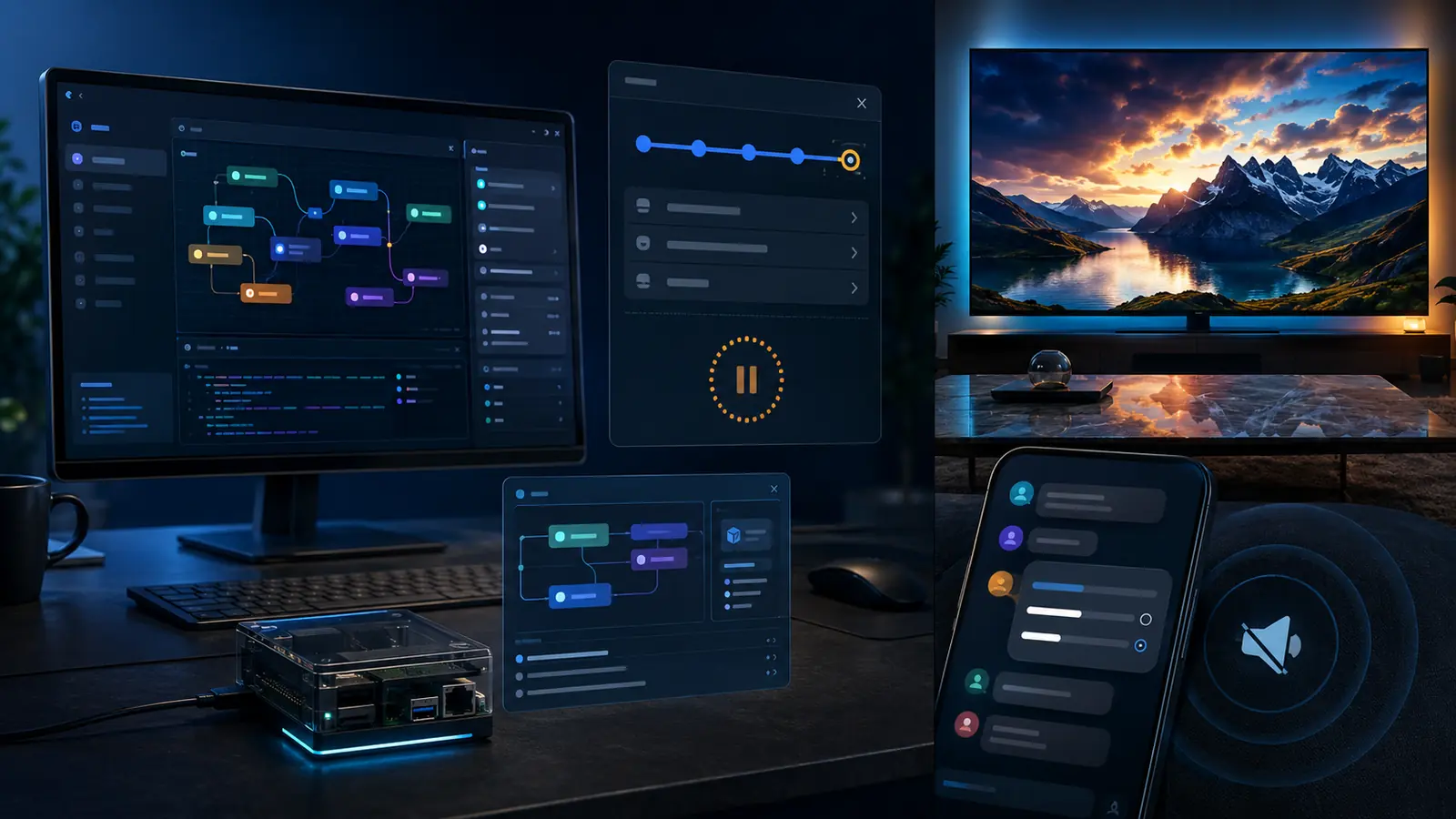 A desk with an agent workspace on a monitor, a local device, a controlled-action panel, a smartphone and a vivid HDR television.