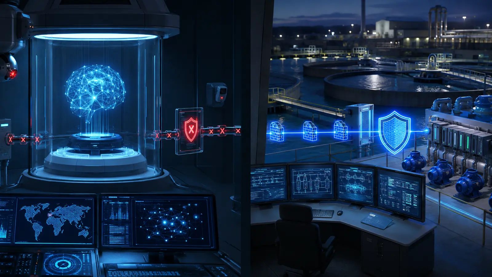 An AI evaluation lab and industrial controller are separated by network gateways, access lists and manual emergency controls.