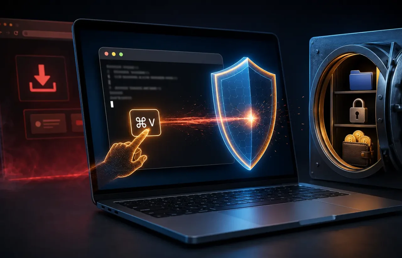 Counterfeit Mac download page beside a macOS warning about a dangerous command pasted into Terminal