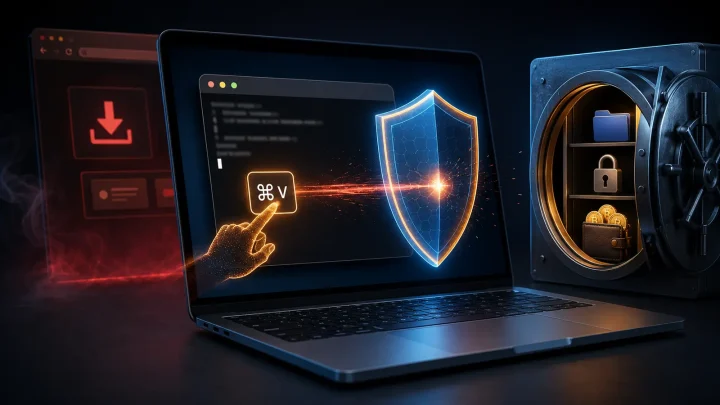 Counterfeit Mac download page beside a macOS warning about a dangerous command pasted into Terminal