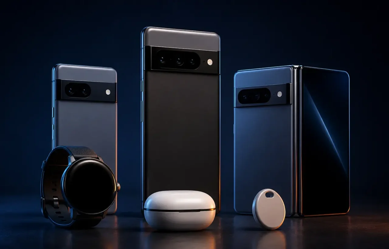 A lineup of phones with horizontal camera bars, a foldable phone, round smartwatch, an earbuds case and an item tracker on a dark background.