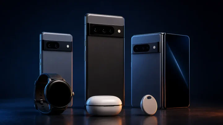 A lineup of phones with horizontal camera bars, a foldable phone, round smartwatch, an earbuds case and an item tracker on a dark background.