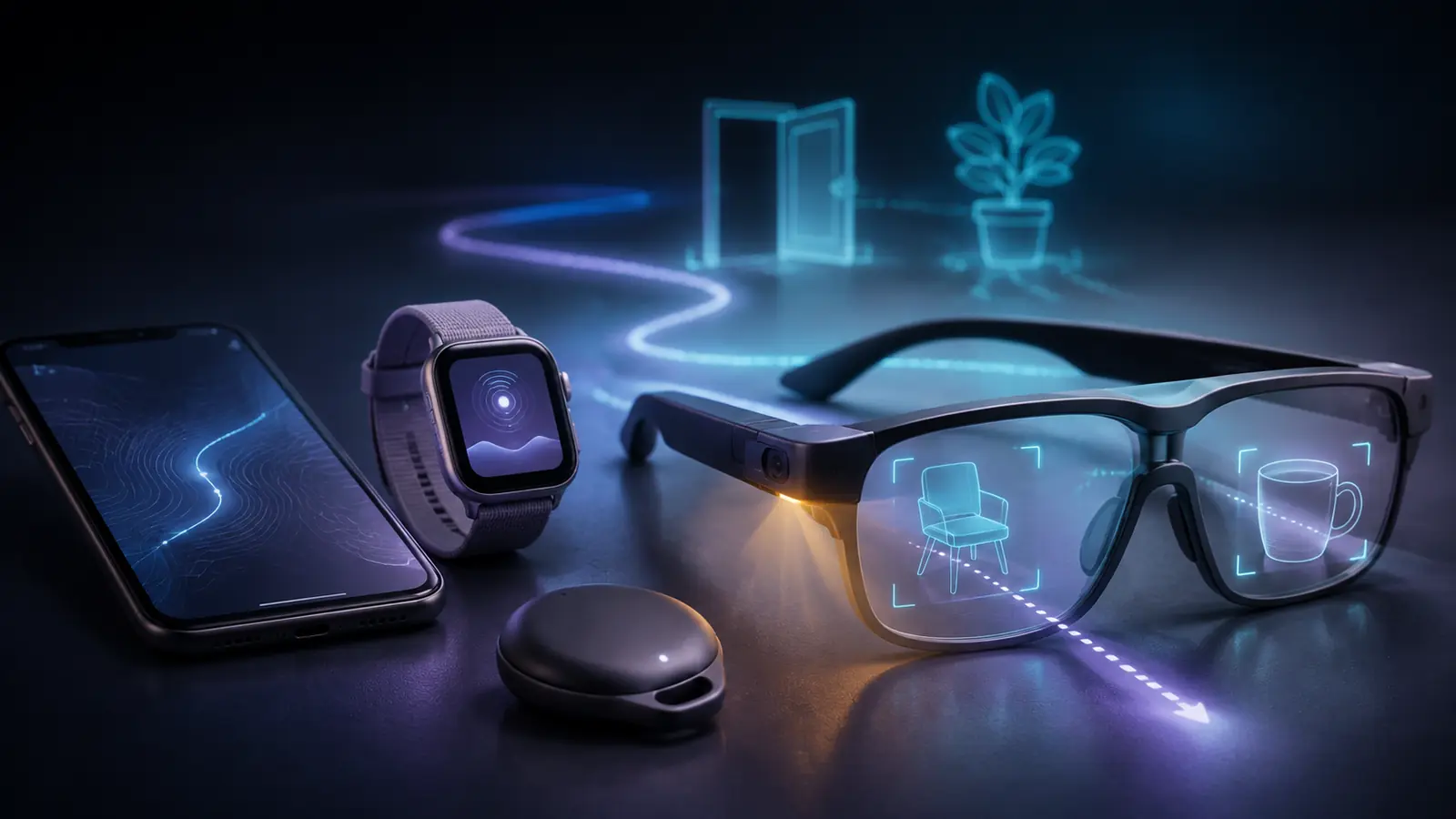 A smartphone, smartwatch, tracker and neutral AI glasses in an accessible digital setting