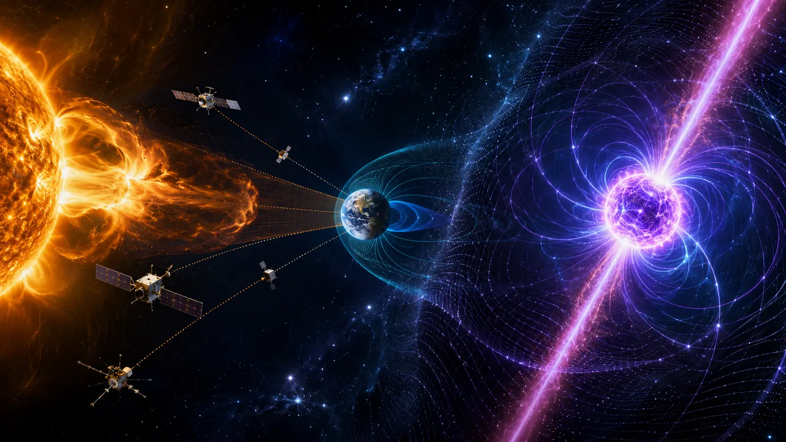 A coronal mass ejection travels from the Sun toward Earth among observing spacecraft while a magnetar bends polarized X-ray light.