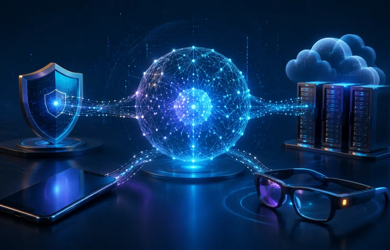 An abstract AI core between a cyber shield, server cloud, smartphone and smart glasses