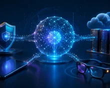 An abstract AI core between a cyber shield, server cloud, smartphone and smart glasses
