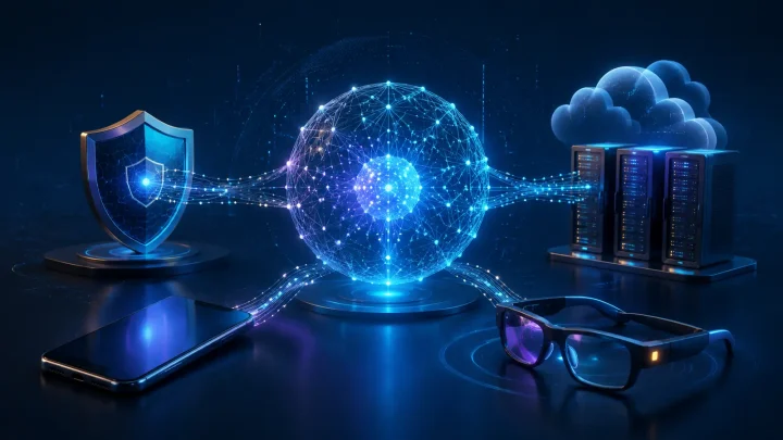 An abstract AI core between a cyber shield, server cloud, smartphone and smart glasses