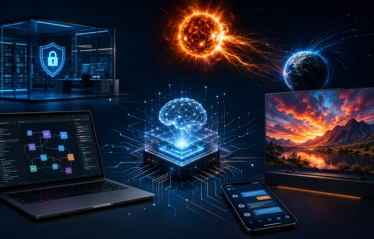 An editorial collage with an AI system, a secured server room, a work laptop, a smartphone, an HDR television and a solar storm near Earth.
