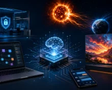 An editorial collage with an AI system, a secured server room, a work laptop, a smartphone, an HDR television and a solar storm near Earth.