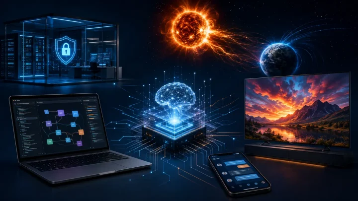 Редакційний колаж із AI-системою, захищеною серверною, робочим ноутбуком, смартфоном, HDR-телевізором і сонячною бурею біля Землі.