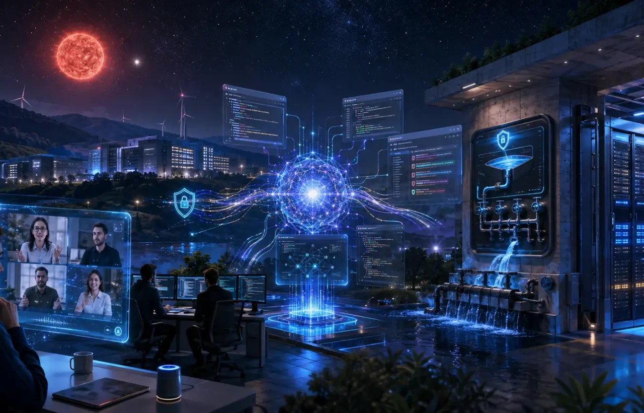 A collage with an AI browser agent, a video call, a secured industrial controller, server racks and Betelgeuse.
