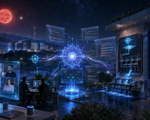 A collage with an AI browser agent, a video call, a secured industrial controller, server racks and Betelgeuse.