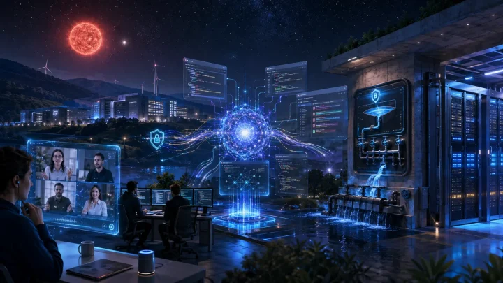 A collage with an AI browser agent, a video call, a secured industrial controller, server racks and Betelgeuse.