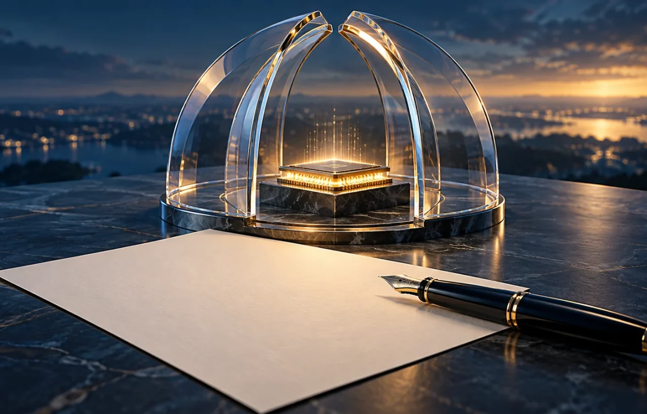 Paper and a pen in front of a processor beneath transparent protective arches