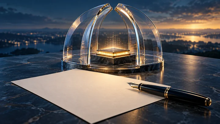 Paper and a pen in front of a processor beneath transparent protective arches