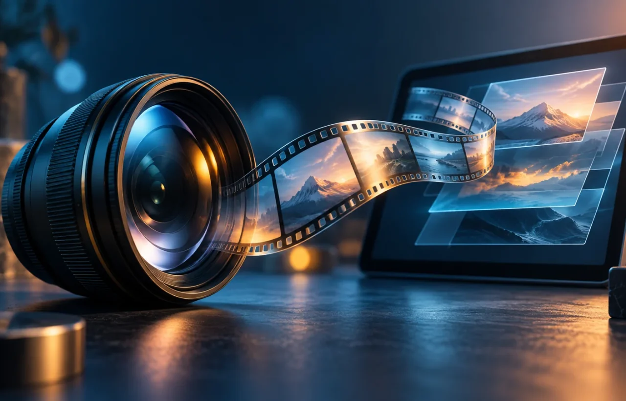 A camera lens and curved filmstrip in front of a tablet with image layers