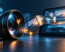 A camera lens and curved filmstrip in front of a tablet with image layers
