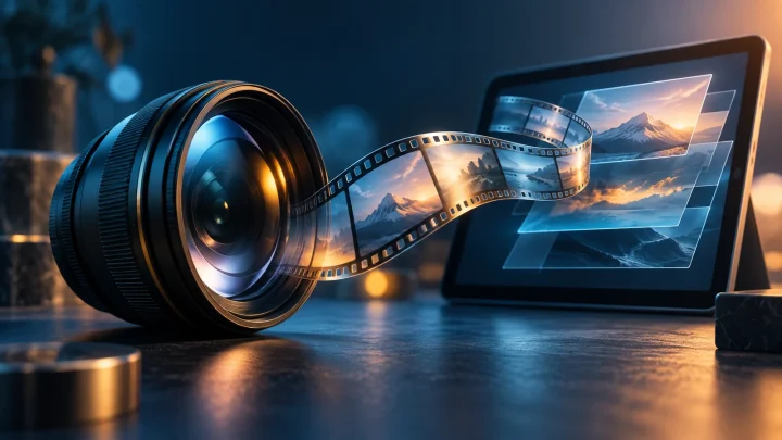 A camera lens and curved filmstrip in front of a tablet with image layers