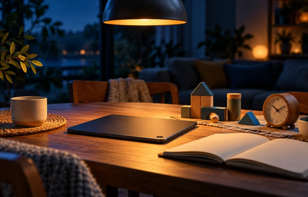 A face-down tablet on a family table beside a notebook, clock and toys