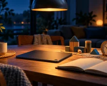 A face-down tablet on a family table beside a notebook, clock and toys